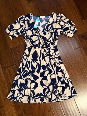 Kaileigh Navy and Cream Floral Faux-Wrap Mini Dress